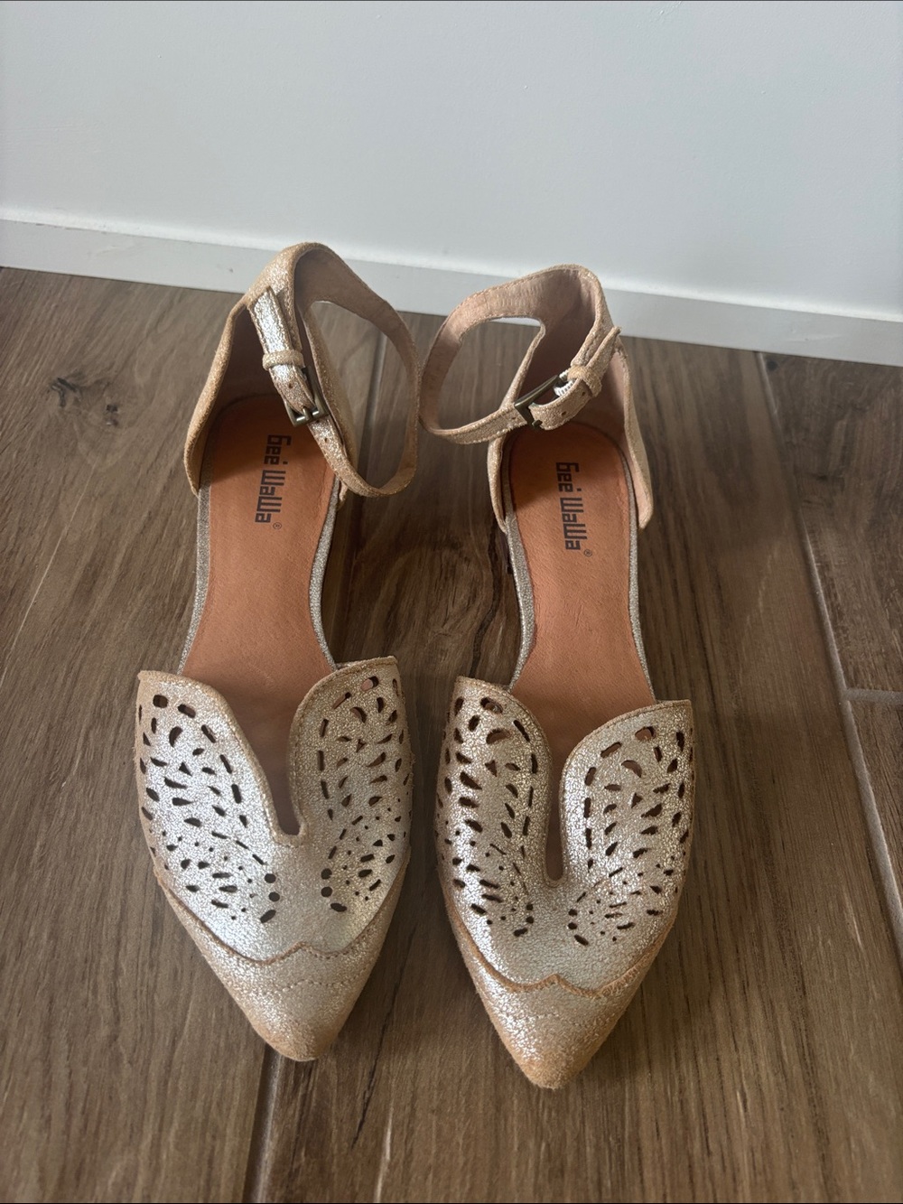 Gee Wawa Metallic Gold Pointed-Toe Ankle-Strap Flats with Cutout Detail